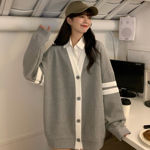 2024 early autumn new striped outer wear, lazy style, versatile loose v-neck sweater, cardigan knitted jacket for women