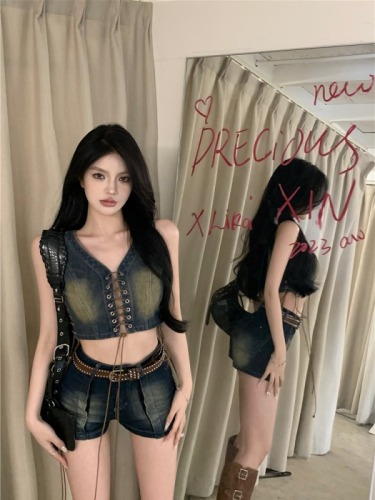 Real shot!  Hot girl sexy denim suit strapped design strapless high waist denim skirt two piece set