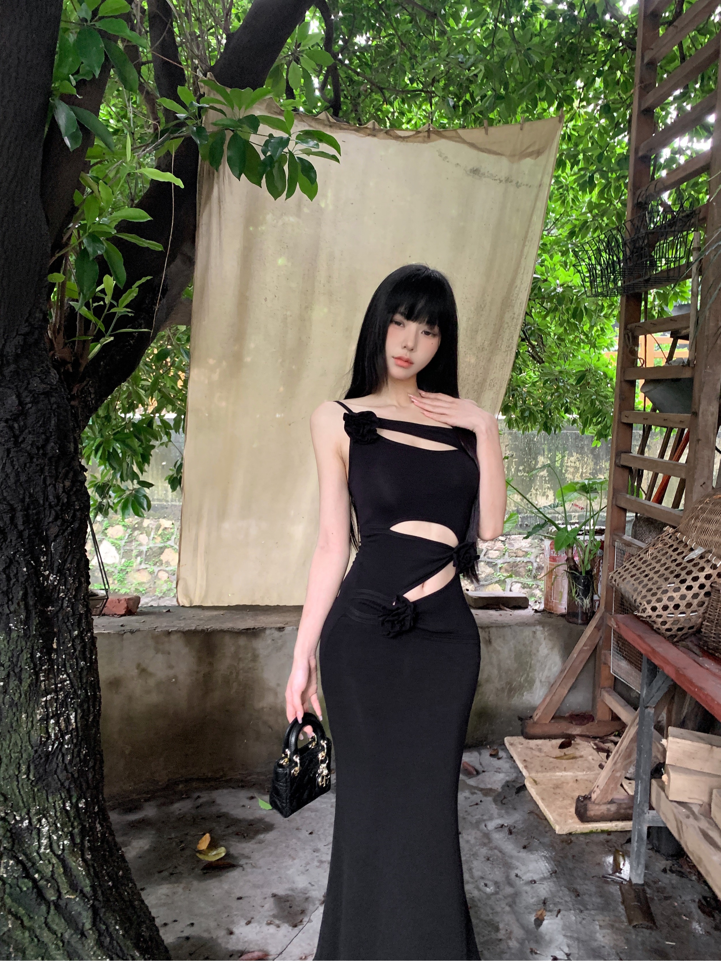 Real shot of pure lust hottie design rose flower hollow dress female hip-hugging slim slimming long skirt
