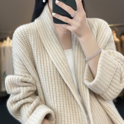 2024 Autumn heavyweight mid-length V-neck cashmere cardigan for women with pockets loose coat wool knitted outer wear