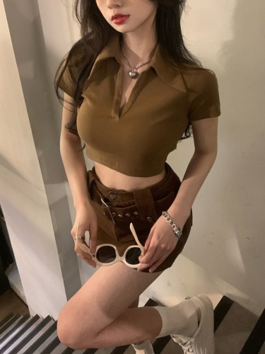 Trendy short-sleeved T-shirt for women summer 2024 new style short tight high-waisted slimming top