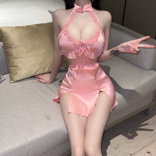 Real shot~Pure pink ruffled hollow waist-revealing low-cut tight ultra-short sexy hottie home dress for women