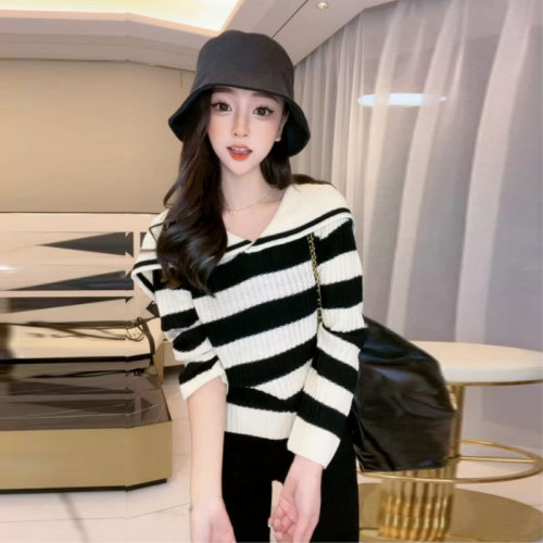 Lazy style navy collar contrast striped sweater for women autumn new loose chic versatile long-sleeved top