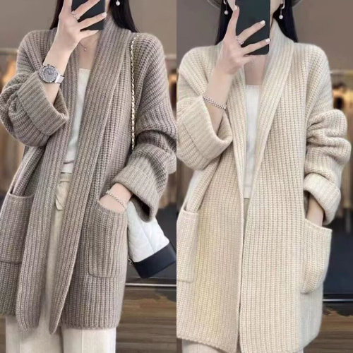 2024 Autumn heavyweight mid-length V-neck cashmere cardigan for women with pockets loose coat wool knitted outer wear