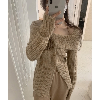 One-shoulder bottoming shirt for women with sweater hot girl knitted cardigan 2024 new early spring high-end top