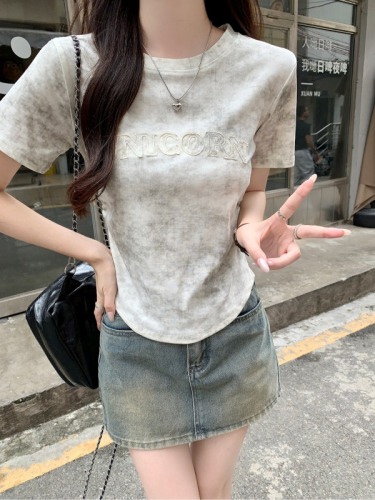 Real shot 1*1 thread 210g short-sleeved T-shirt summer trend embroidered right shoulder slim short round neck top for women