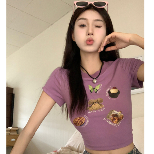 Dopamine Wear Short Sleeve Summer Sweet Hot Girl Cartoon High Waist Right Shoulder Tight Cropped Top