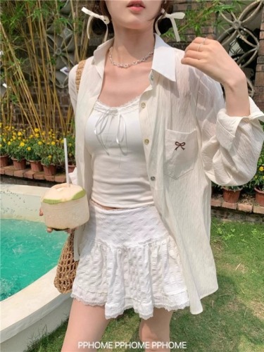 Original fabric thin sun protection shirt summer lazy style bow embroidery slightly see-through long-sleeved breathable shirt