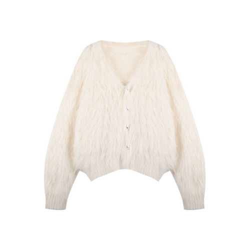 Short white mink velvet sweater cardigan for women in spring gentle style V-neck loose and versatile sweater jacket