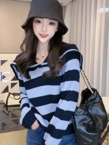 Lazy style navy collar contrast striped sweater for women autumn new loose chic versatile long-sleeved top