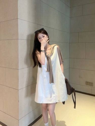 Real shot ~ Simple V-neck cotton and linen white vest dress for women + airy knitted sun protection cardigan