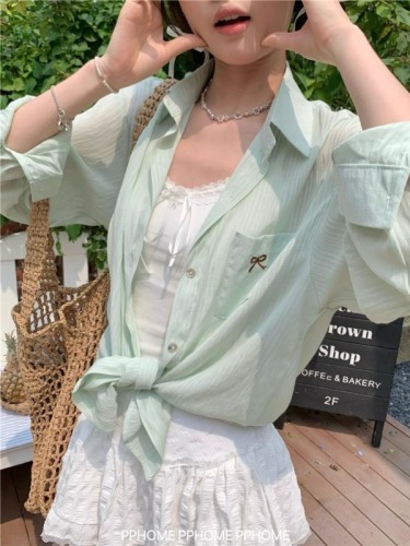 Original fabric thin sun protection shirt summer lazy style bow embroidery slightly see-through long-sleeved breathable shirt