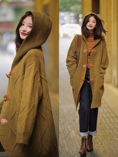 Retro hooded knitted cardigan sweater coat for women early spring loose mid-length lazy style thickened horn button coat