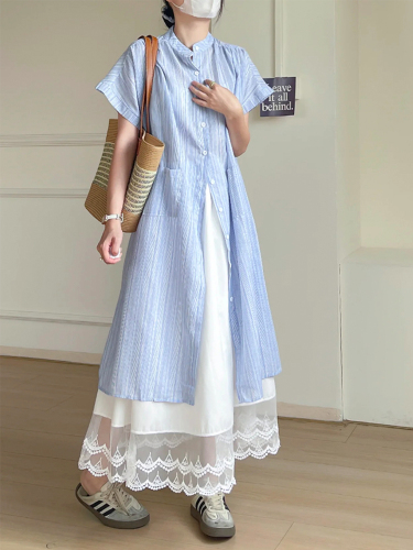 Sweet college style stacked two-piece suit blue striped shirt dress lace skirt for women