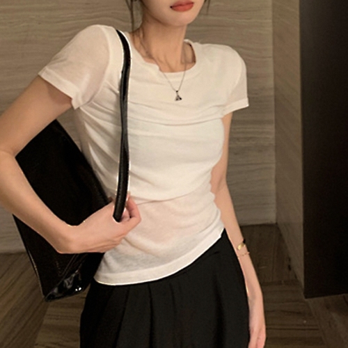 Pleated short-sleeved T-shirt for women, high-end internet celebrity slim-fit short Korean style top