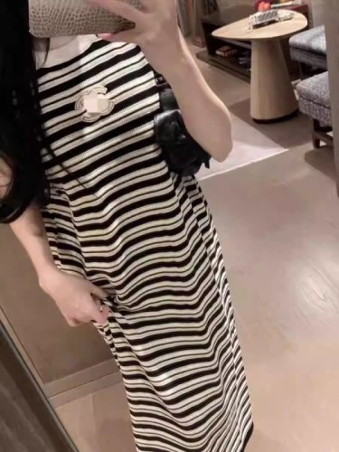 Lazy style striped fashionable age-reducing vest dress versatile slimming mid-length casual straight high-end embroidered dress