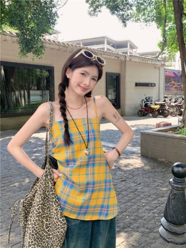 Actual shot of new design slit irregular yellow plaid suspender top for women