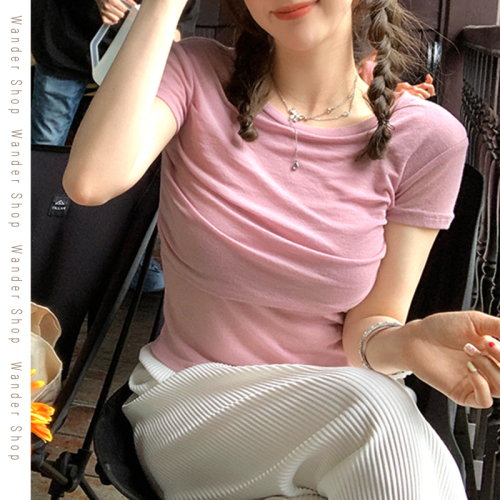 Pleated short-sleeved T-shirt for women, high-end internet celebrity slim-fit short Korean style top