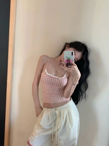 260 free cut sweet pink plaid camisole women's summer hot girl top