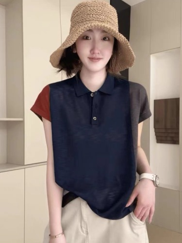 POLO collar contrasting color short-sleeved T-shirt for women 2024 new summer high-end European style tops super nice bottoming shirt