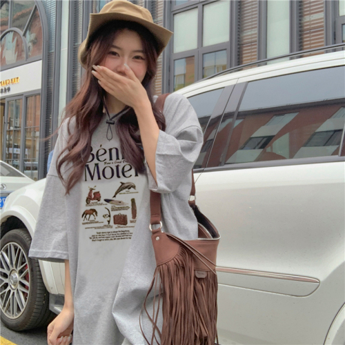 Real shot of cute cartoon printed short-sleeved T-shirt for women summer new Korean style loose and versatile mid-length dress