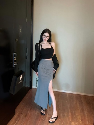 Real shot!  Sexy Hot Girl Suit Women's Summer Sunscreen Cardigan Small Suspender Slit Skirt Three-piece Skirt