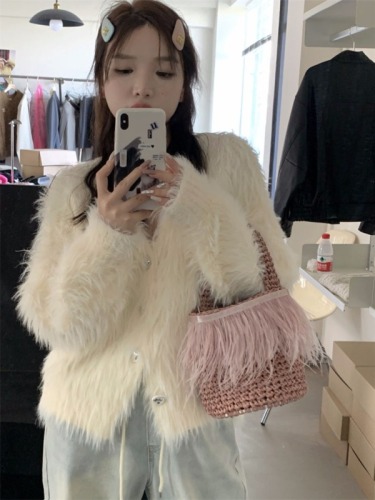 Short white mink velvet sweater cardigan for women in spring gentle style V-neck loose and versatile sweater jacket