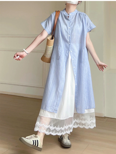 Sweet college style stacked two-piece suit blue striped shirt dress lace skirt for women