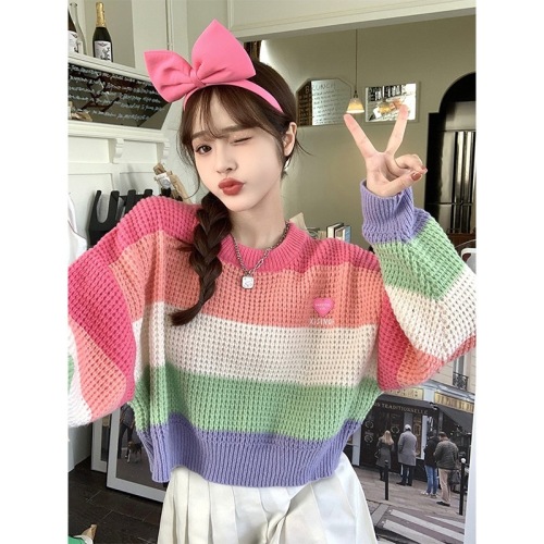 Designed contrasting striped long-sleeved pullover sweater for women Korean style niche sweet soft and waxy short plush sweater