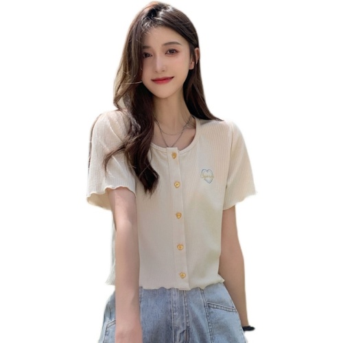 Fungus embroidered solid color T-shirt cardigan female student style short top female trend