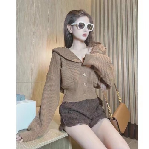 Retro niche hooded cardigan sweater for women autumn and winter Korean style lazy style loose slim short knitted jacket top