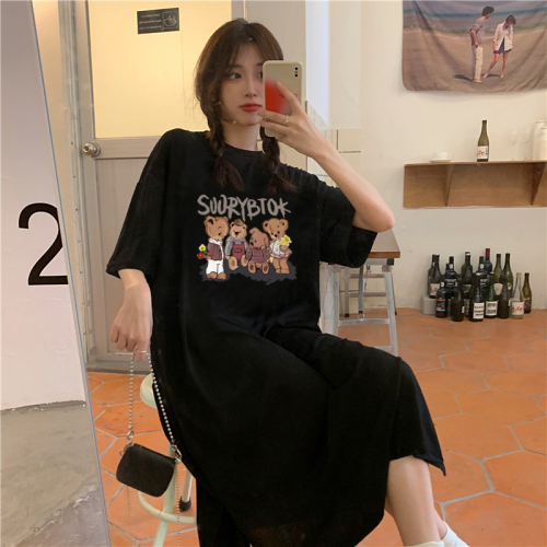 Actual shot of Korean style new summer bear short-sleeved loose side slit long knee-length loose dress for women