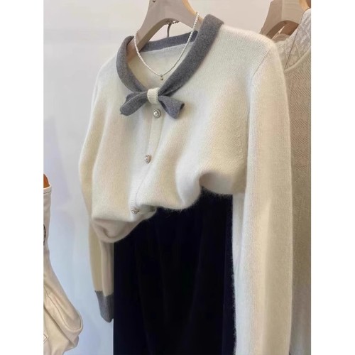 Gray raccoon velvet design collar bow color block sweater jacket for women autumn and winter soft waxy wool knitted cardigan