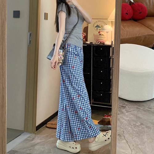 Blue Plaid Loose Wide Leg Pants Women's Summer Korean Style Lazy Style Dopamine Straight Walking Pants