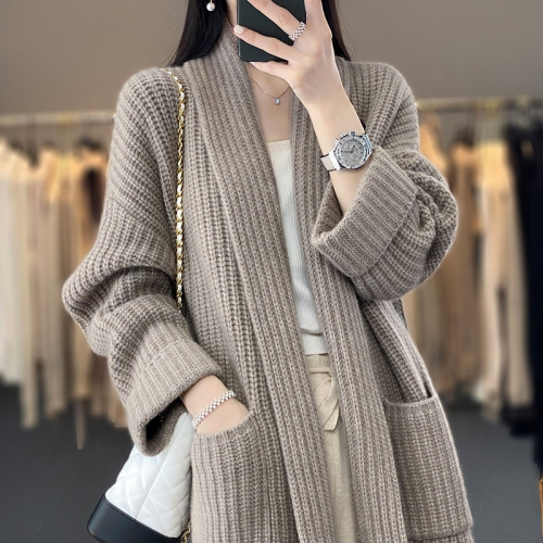 2024 Autumn heavyweight mid-length V-neck cashmere cardigan for women with pockets loose coat wool knitted outer wear