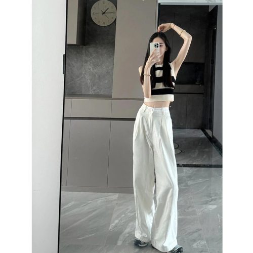 Summer high-end design striped slim-fitting sleeveless vest top for women high-waisted straight relaxed wide-leg pants