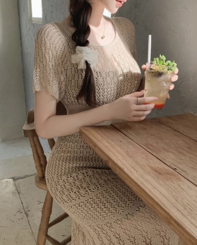 Sstcoco Korean retro crochet slim fit ice silk hollow knitted hip-hugging fishtail skirt dress