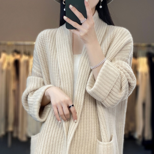 2024 Autumn heavyweight mid-length V-neck versatile sweater cardigan for women with pockets loose coat sweater outer wear for women