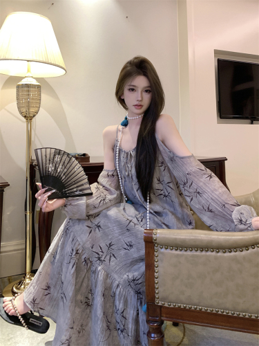 Actual shot of new Chinese style off-shoulder suspender dress for women, spring retro long skirt, printed long-sleeved skirt