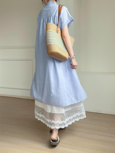 Sweet college style stacked two-piece suit blue striped shirt dress lace skirt for women