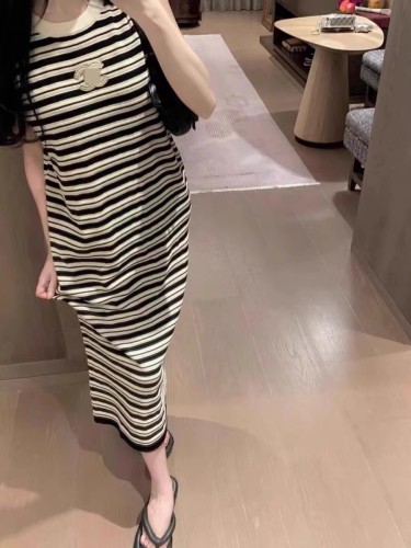 Lazy style striped fashionable age-reducing vest dress versatile slimming mid-length casual straight high-end embroidered dress