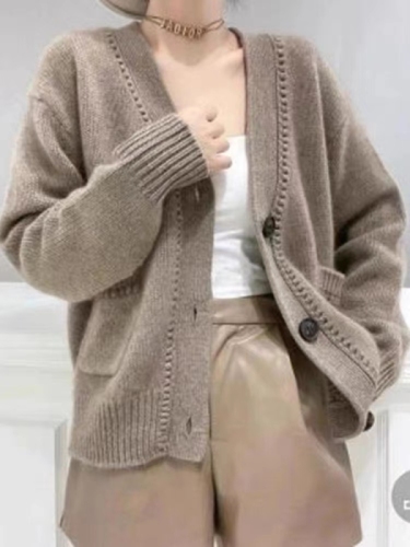 Cardigan V-neck cardigan for women 2024 autumn cashmere sweater loose solid color knitted bottoming top