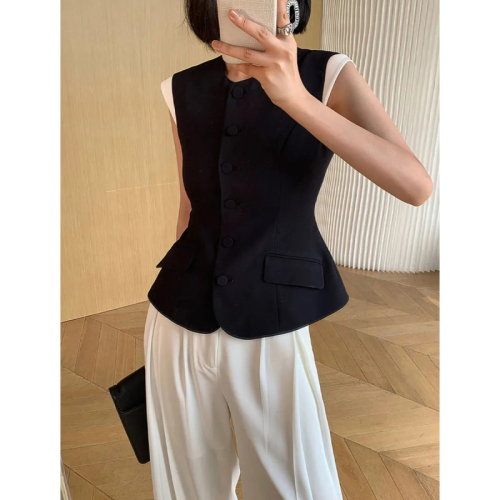 Quality Inspection Official Picture Sleeveless Suit Vest Women's 2024 Summer New Design Contrast Color Waist Slimming Vest Top