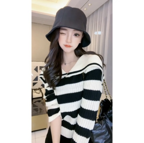 Lazy style navy collar contrast striped sweater for women autumn new loose chic versatile long-sleeved top