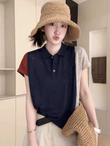 POLO collar contrasting color short-sleeved T-shirt for women 2024 new summer high-end European style tops super nice bottoming shirt