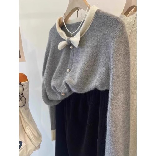 Gray raccoon velvet design collar bow color block sweater jacket for women autumn and winter soft waxy wool knitted cardigan