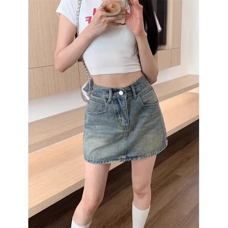 Template High Waist Retro Denim Skirt Women's Summer New Slimming Versatile Hot Girl A-Line Skirt