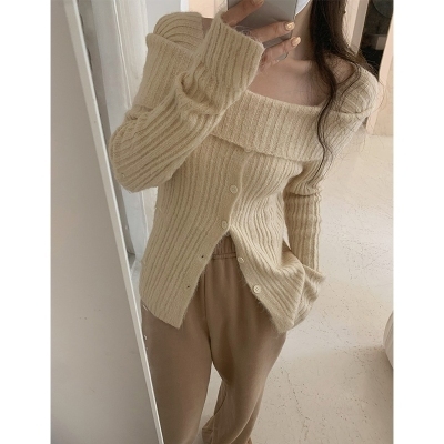 One-shoulder bottoming shirt for women with sweater hot girl knitted cardigan 2024 new early spring high-end top