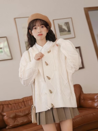 FF BLUE lazy sheep wool cardigan college style soft waxy milk white twist horn button hooded sweater jacket