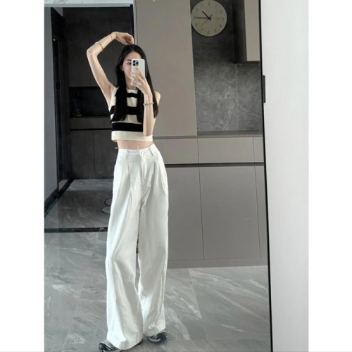 Summer high-end design striped slim-fitting sleeveless vest top for women high-waisted straight relaxed wide-leg pants